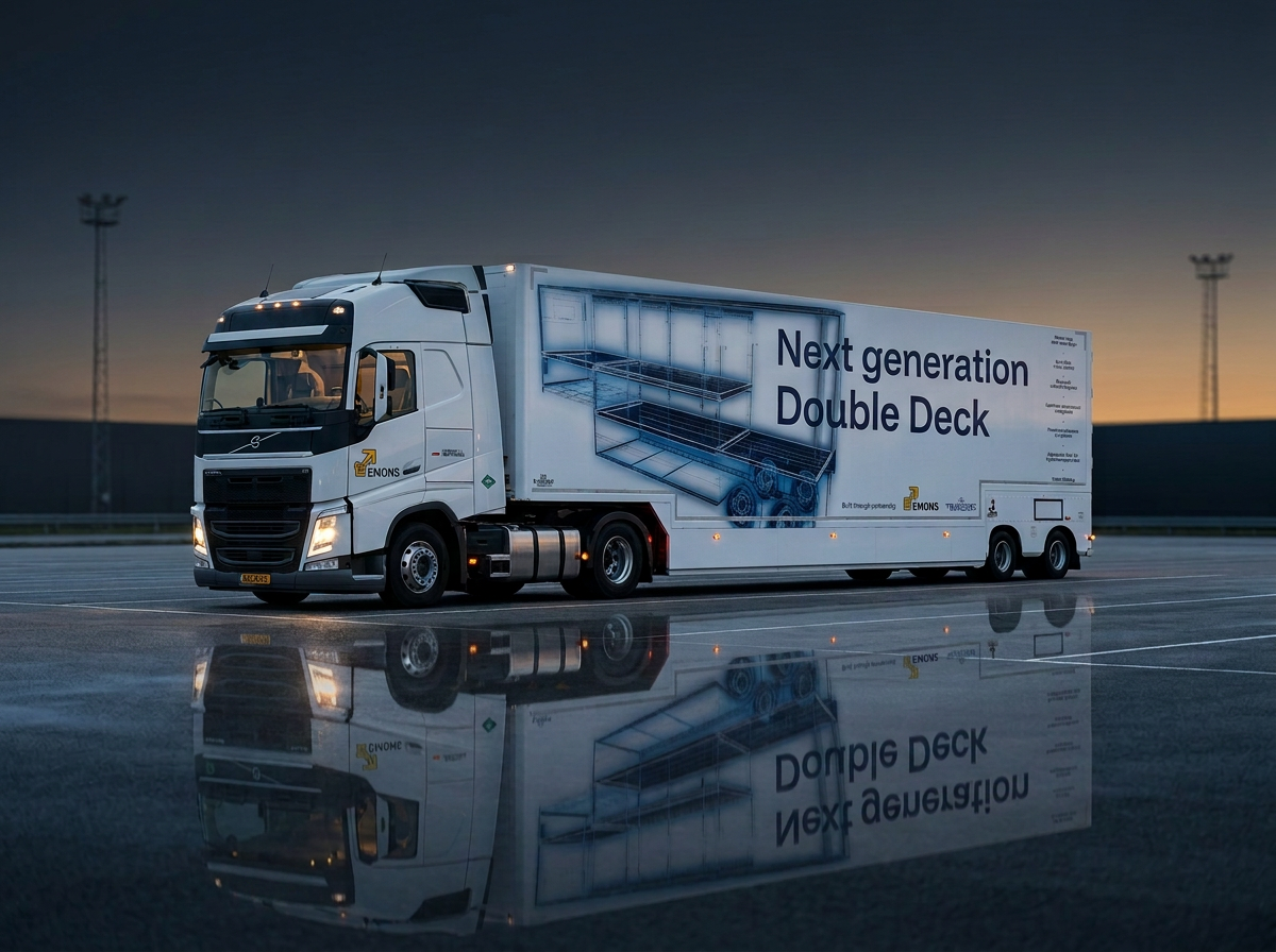 Emons Next Generation 2WIN double-deck truck in an evening logistics setting