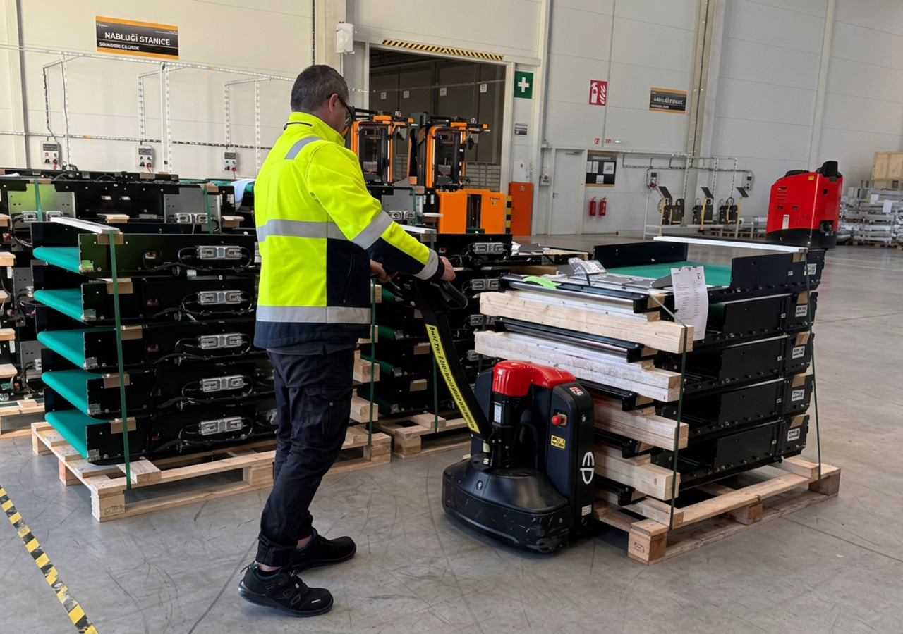 Trained 2WIN driver with electric pallet truck at a warehouse loading dock